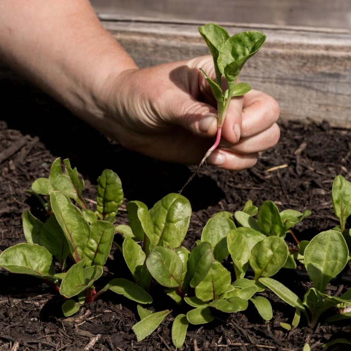 Close-up of a hand carefully lifting a young green plant from a wooden raised garden bed.