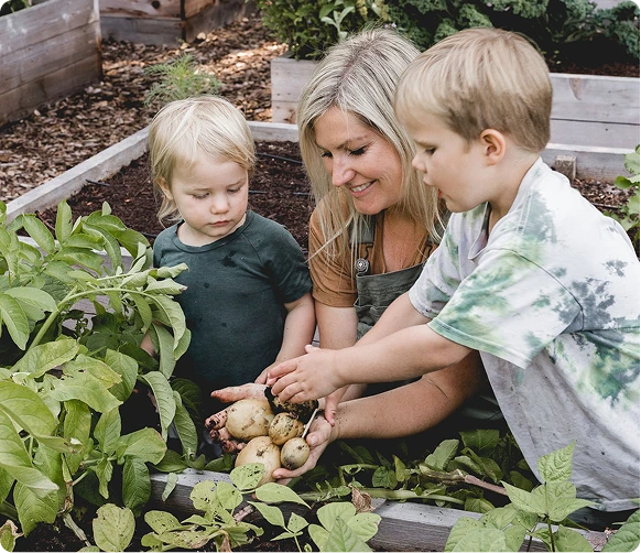 mother and children gardening